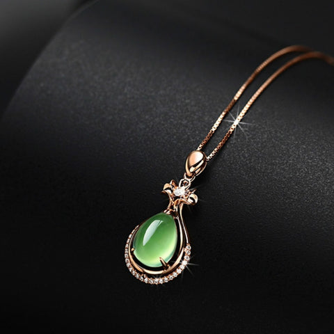 Natural Green Jade Water Drop Pendant 925 Silver Necklace