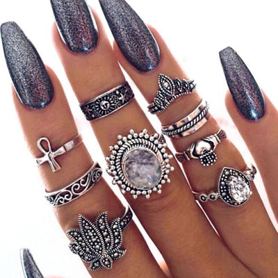 Docona Boho Finger Jewelry Crown Geometric Rhinestone Leaf Women Ring Sets