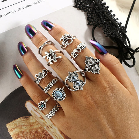 Docona Boho Finger Jewelry Crown Geometric Rhinestone Leaf Women Ring Sets