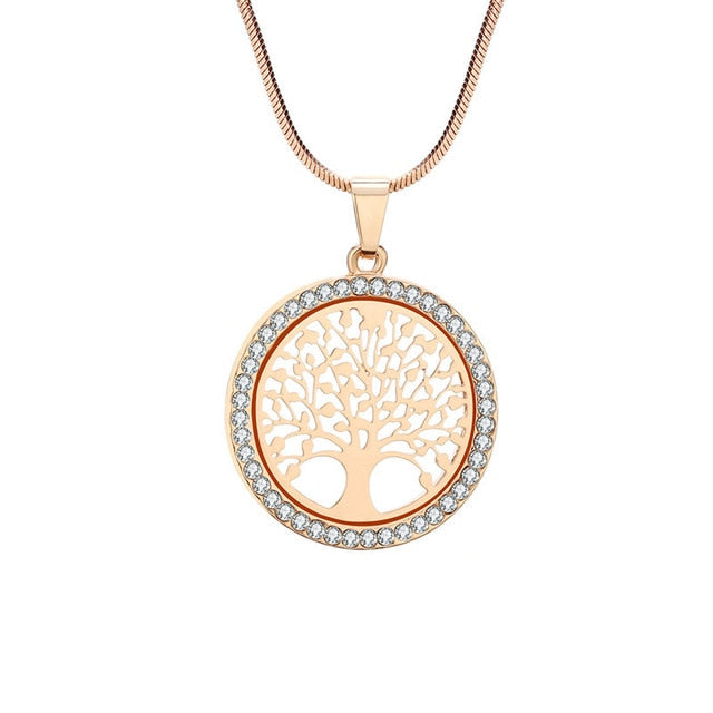 Hot Tree of Life Crystal Round Small Pendant Necklace Gold Silver