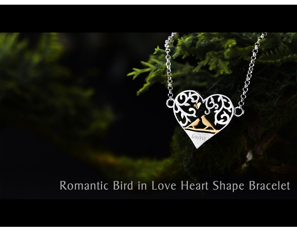 Handmade Romantic Bird in Love Heart Shape Bracelet -925 Sterling Silver