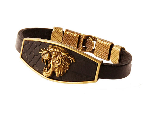 Geometric Bronze Cross Wing Lion Owl Shackles Black Men Leather Bracelet